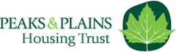 Peaks and Plains Housing Trust Logo. A leaf next to it.