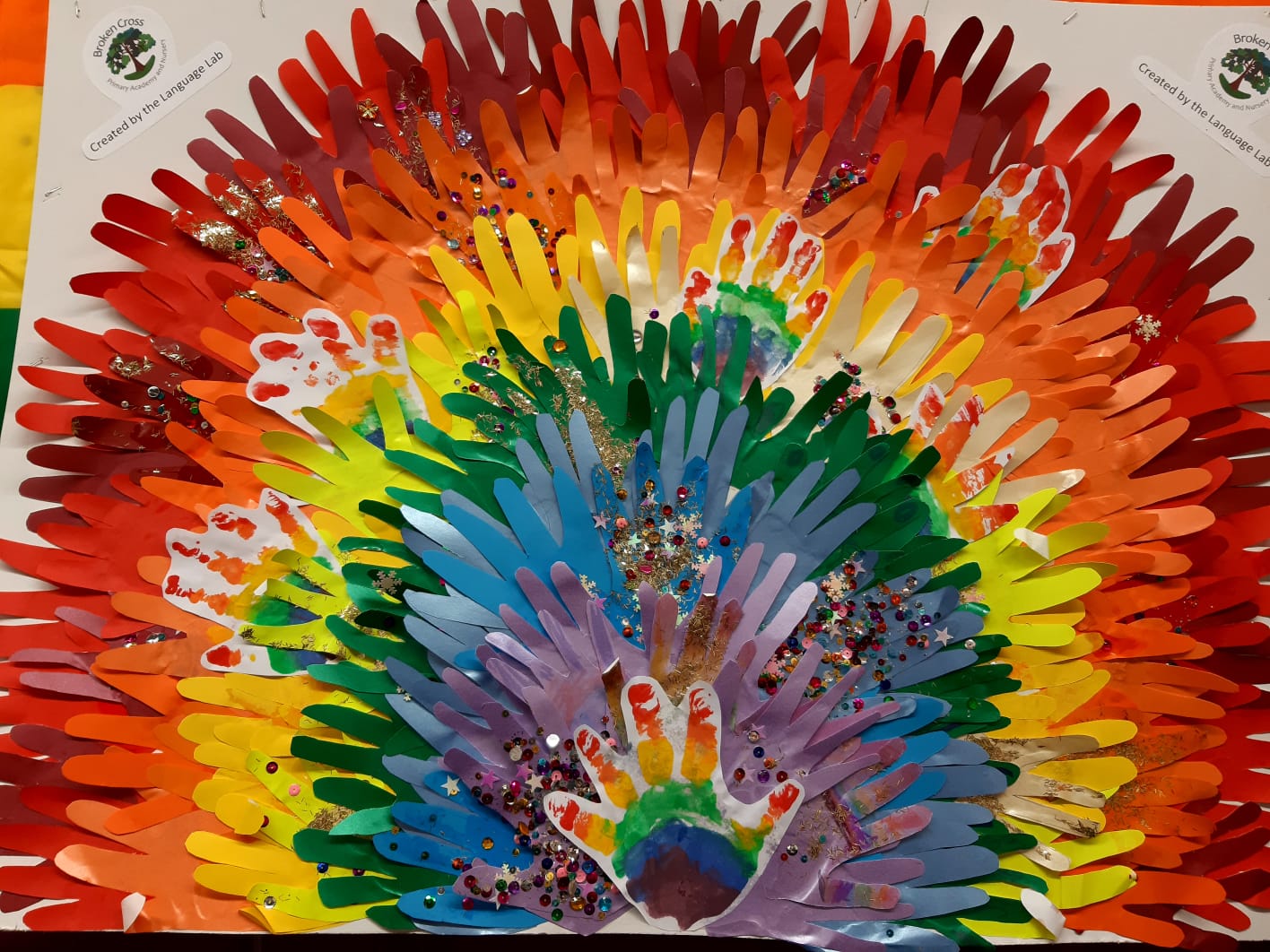 Children's artwork from the Macc Pride hub in the Grosvenor Shopping Centre in Macclesfield. It is a rainbow made out of children's handprints. 