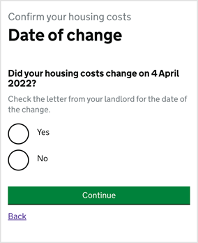 Screenshot of UC website asking about any changes to your rent in April 2022