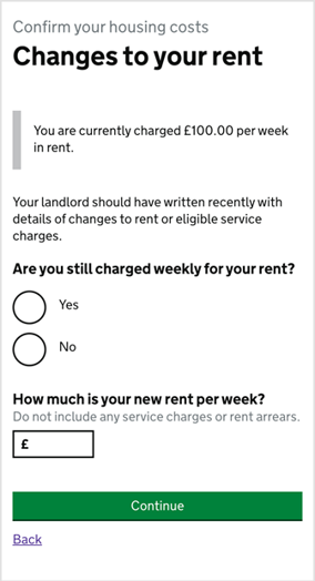 Screenshot of UC website asking about any changes to your rent in April 2022